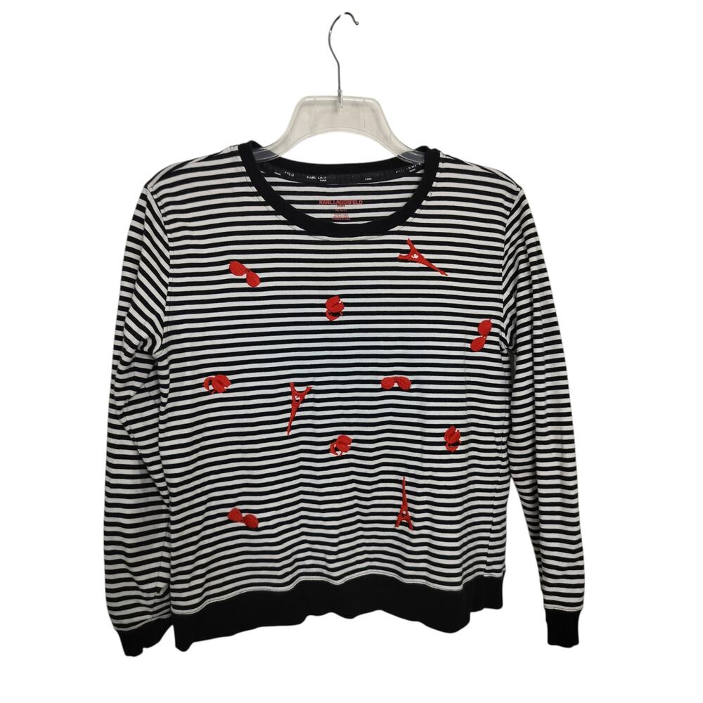 5389)Karl Lagerfeld M Paris Theme Stripe Embroidery Icon Pullover Sweater